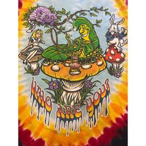 Liquid Blue Alice in Wonderland Tie Dye Graphic T-Shirt Who Are You Mad Hatter M